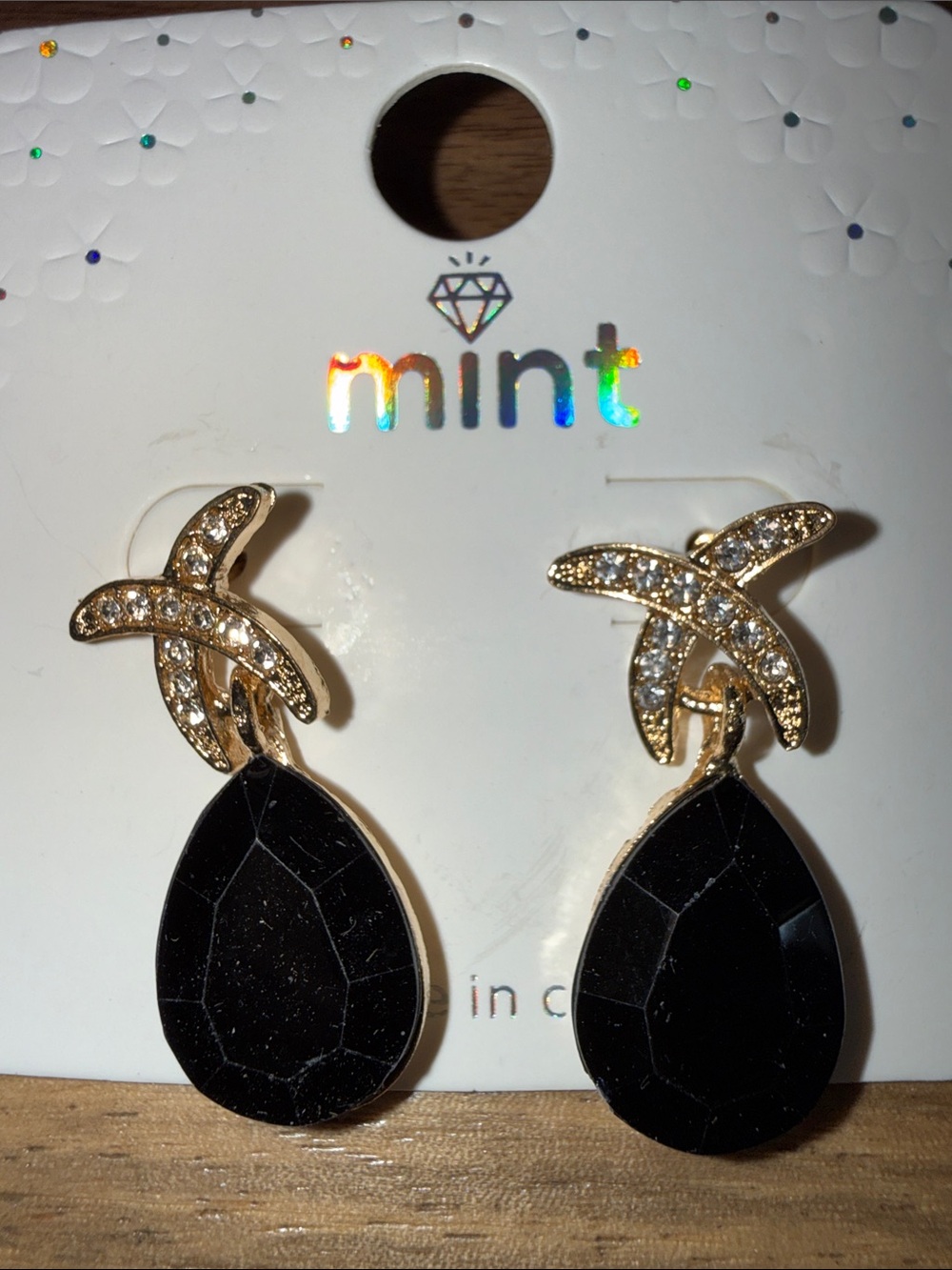 Mint Gold-Tone Earrings with Black Teardrop Stones